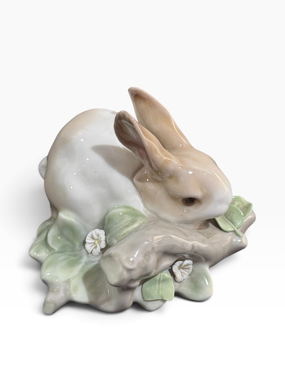 Lladro Porcelain Bunny Figurine in White and Light Brown with Mint Green Accents
